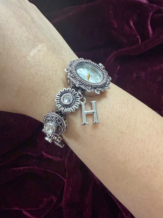 Regal White Stone Elegance Silver-Tone Navratri Oxidised Heritage Watch
