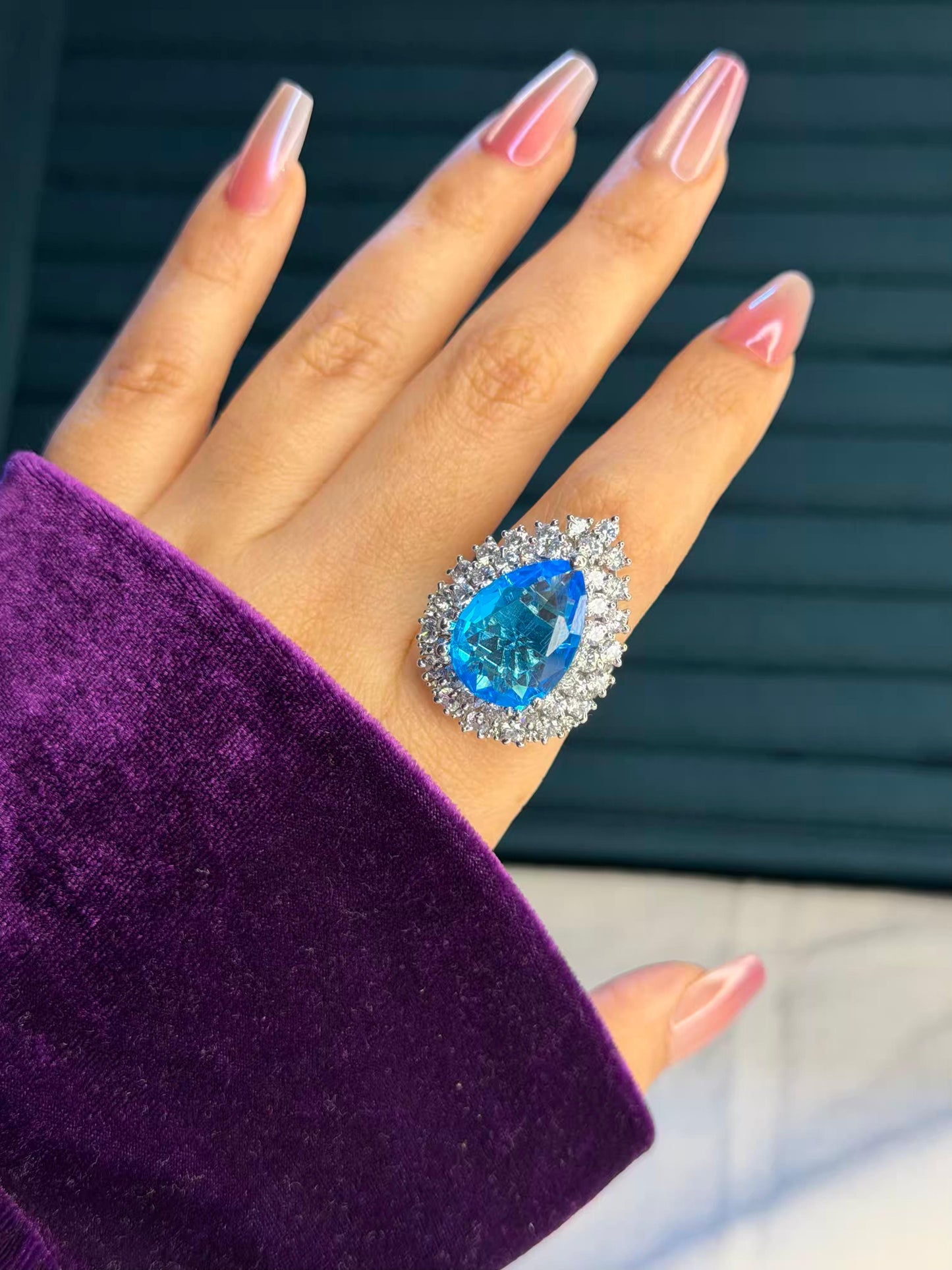 Blue Serene Majesty Silver Plated Premium Ring (Adjustable)