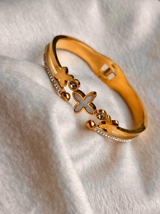 For Thin Wrist White Studded Clover Bangle 18K Gold plated Premium Bangle 2.2 - 2.4 Size