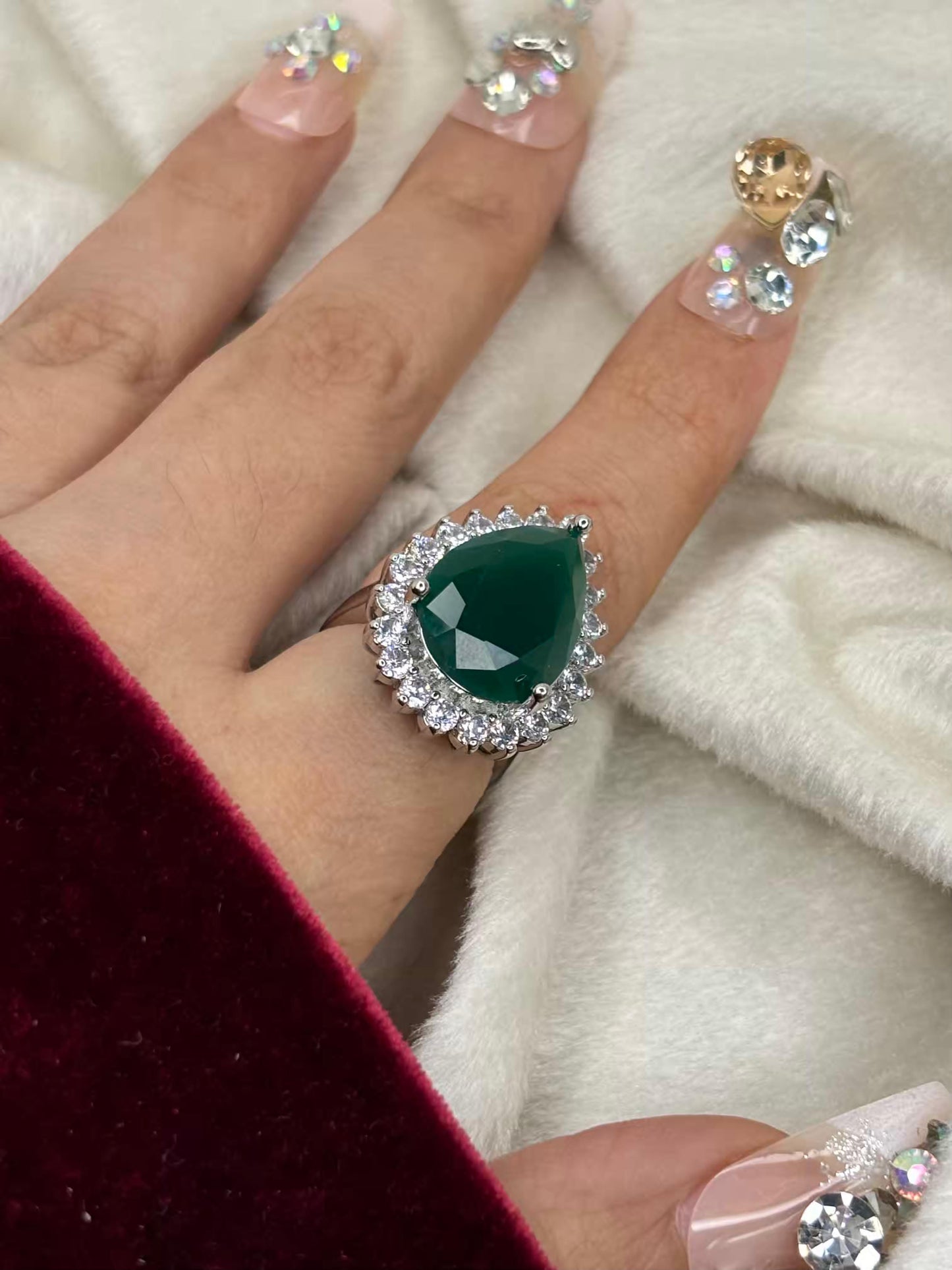 Emerald Oval Solitaire Studded Silver Plated Premium Ring