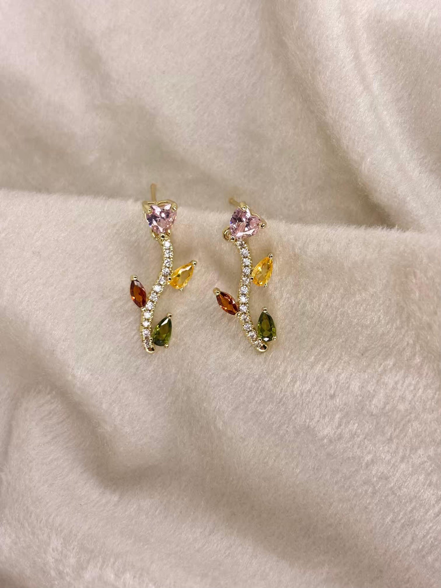 Vibrant Gemstone Rose Earrings 18K Gold Plated Premium Earrings