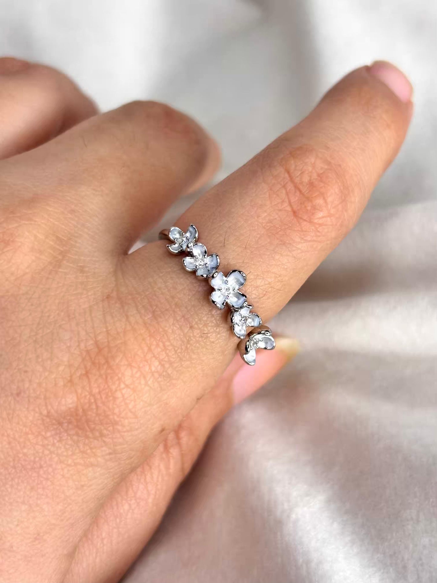 Sky Blue Flower stack Silver Adjustable Ring