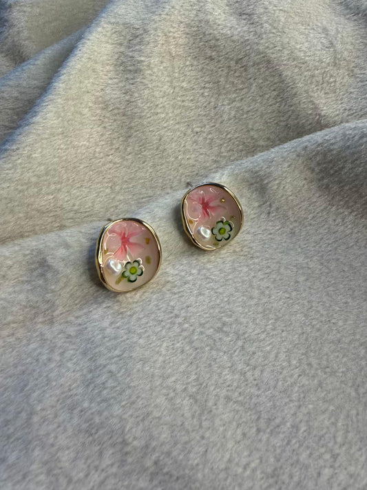 Pink Floral Resin Stud Gold Plated Earrings