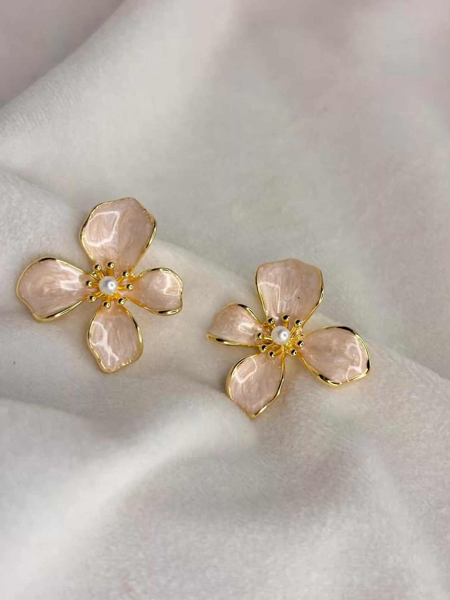 Beige Flower Earrings 18K Gold Plated Premium Earrings