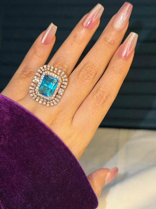 Celeste Blue Sovereign Silver Plated Premium Ring (Adjustable)