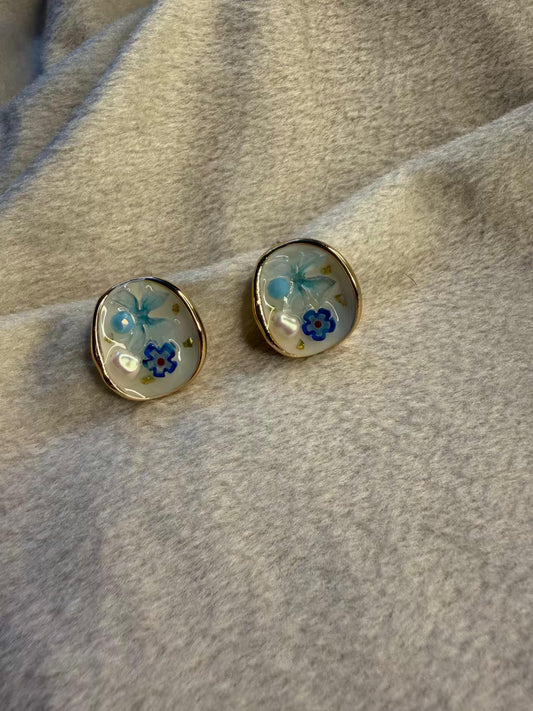 Blue Floral Resin Stud Gold Plated Earrings