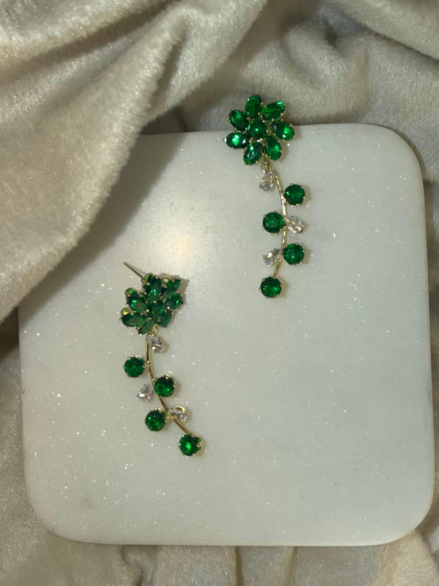 Green Flower Shaped Gold Plated Earrings