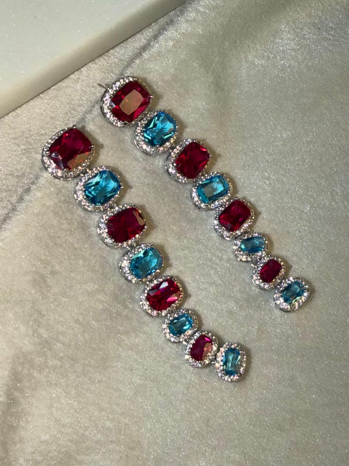 Red and Aqua Stones Luxury Party Wedding Rhodium Silver Plating Earrings