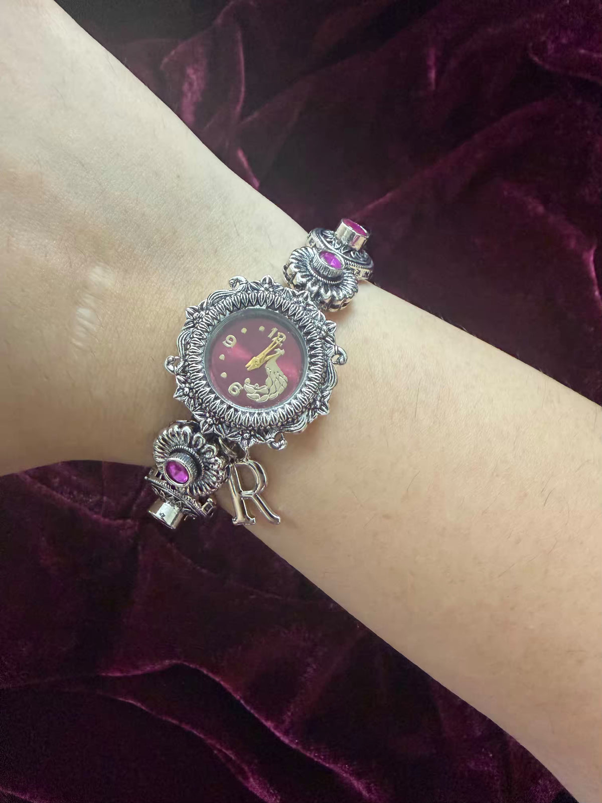 Royal Gulab Inspired Silver-Tone Navratri Oxidised Heritage Watch