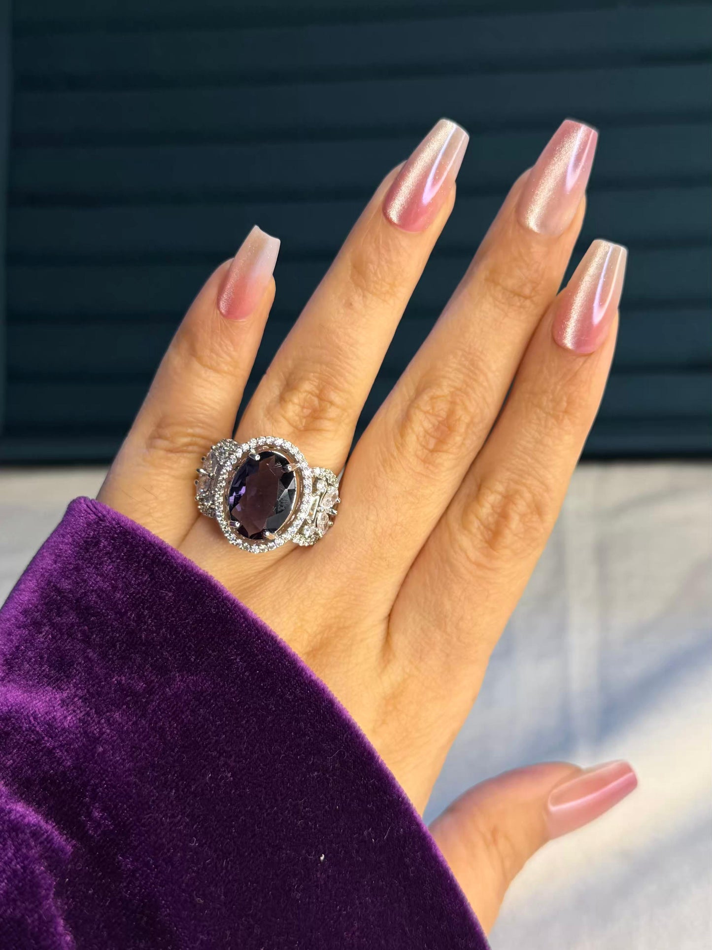 Purple Oval Stone Silver Plated Premium Ring (Adjustable)
