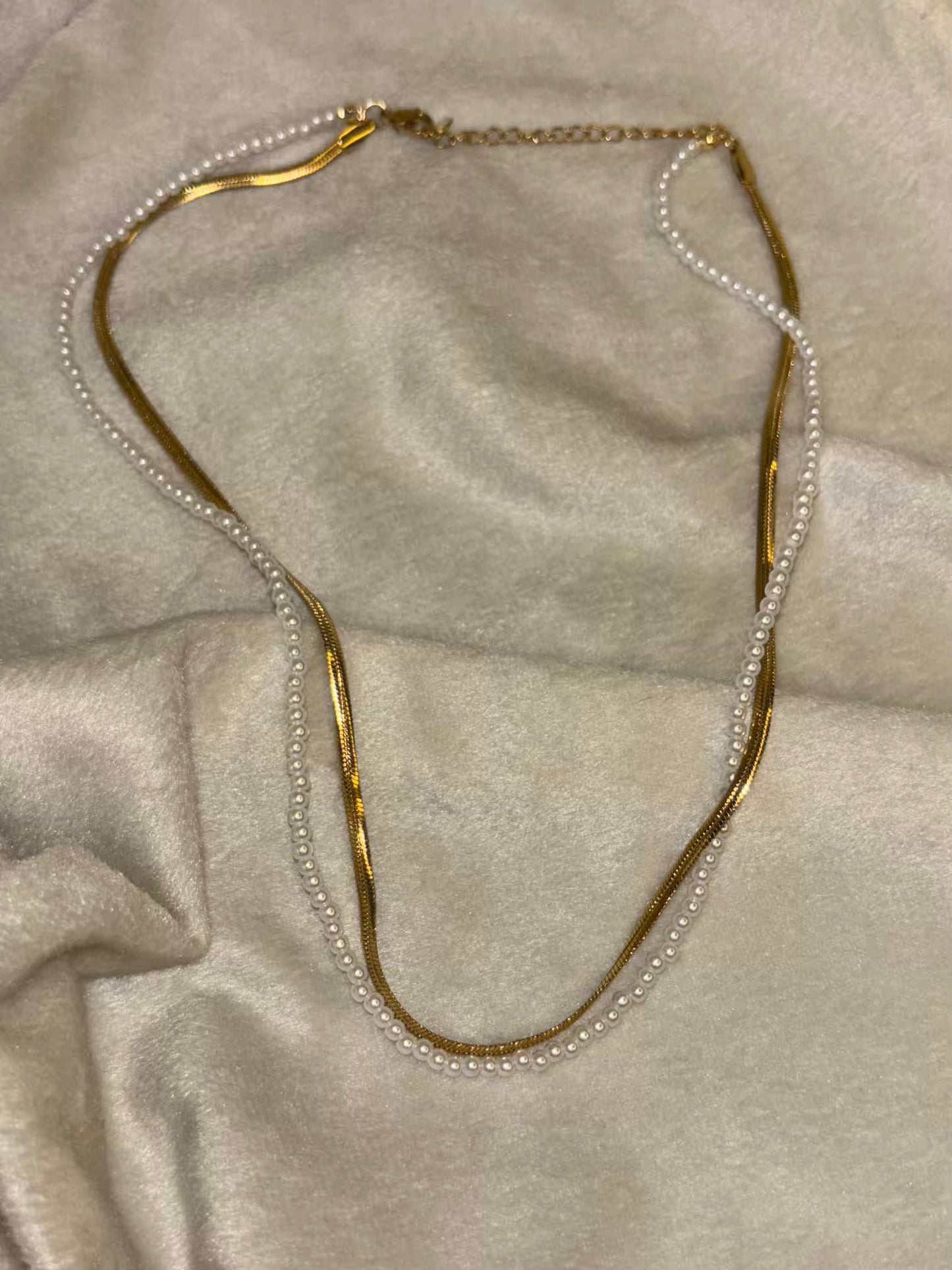 Dual Layered Pearl Snake Chain Necklace 18K Gold Plated Premium Necklace