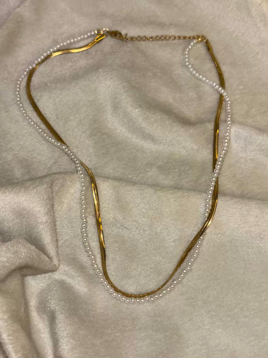 Dual Layered Pearl Snake Chain Necklace 18K Gold Plated Premium Necklace