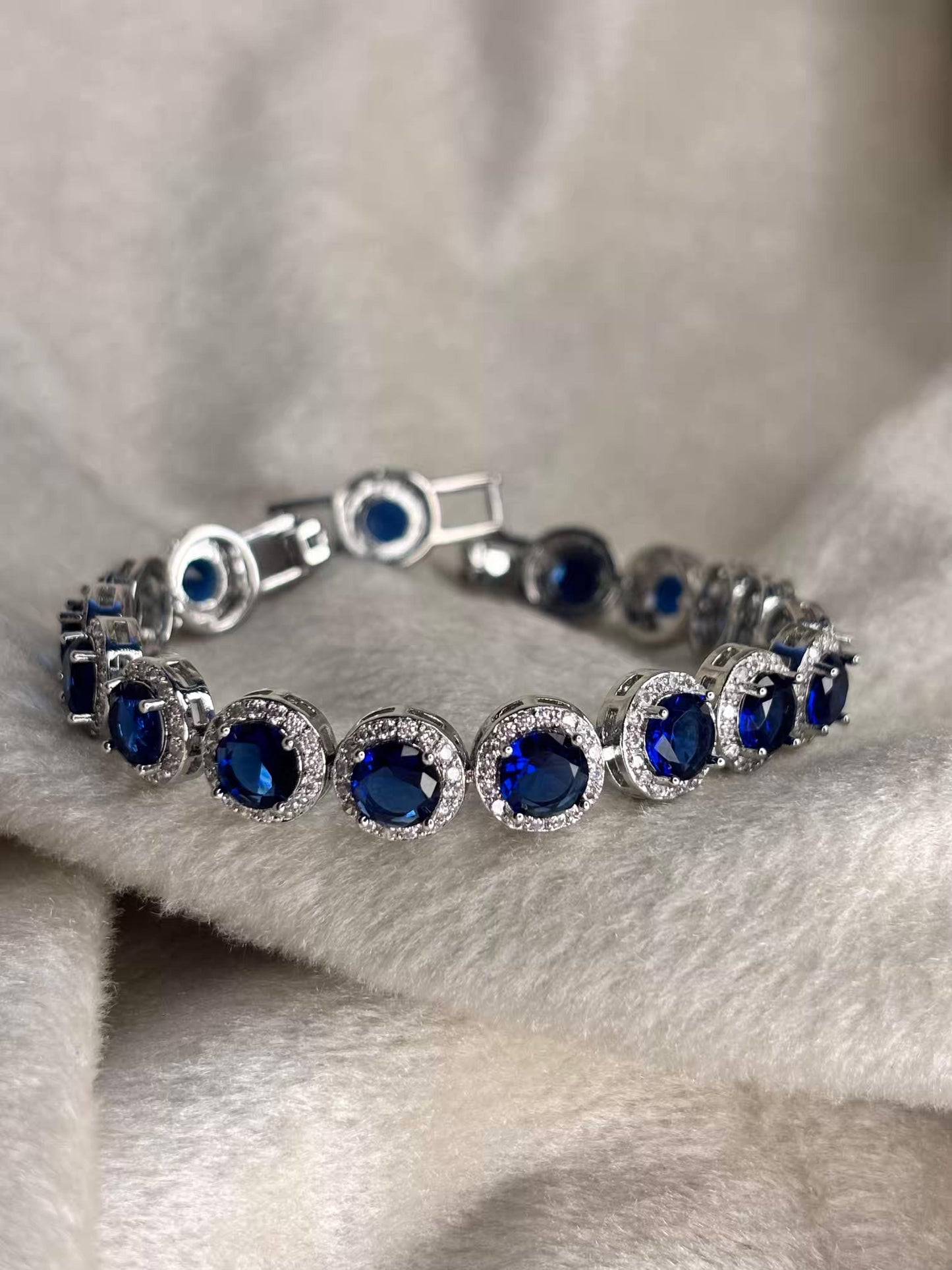 Sapphire Round Gem Studded Silver Premium Tennis Bracelet