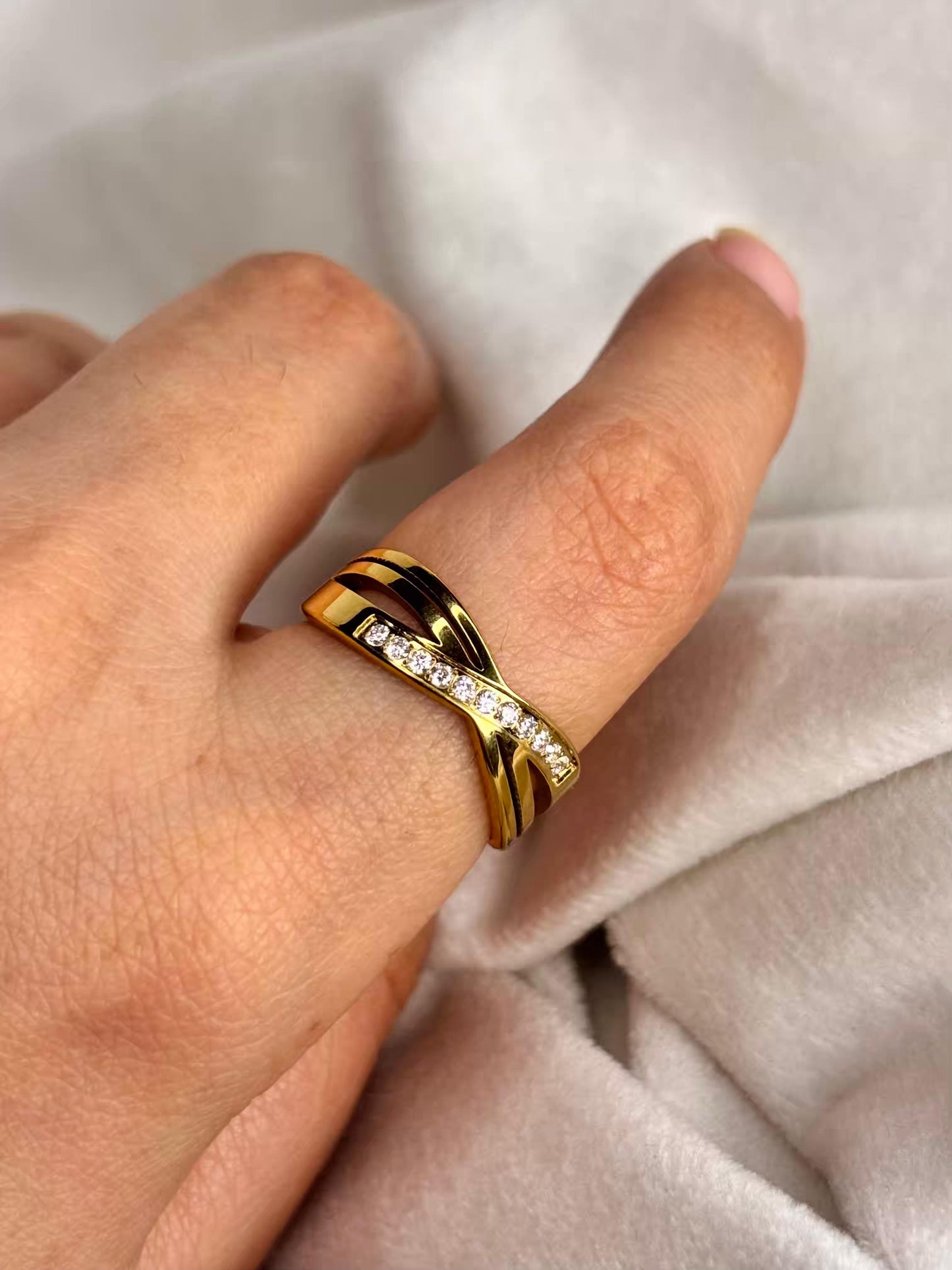 Thick Criss Cross studded Ring 18K Gold plated Ring