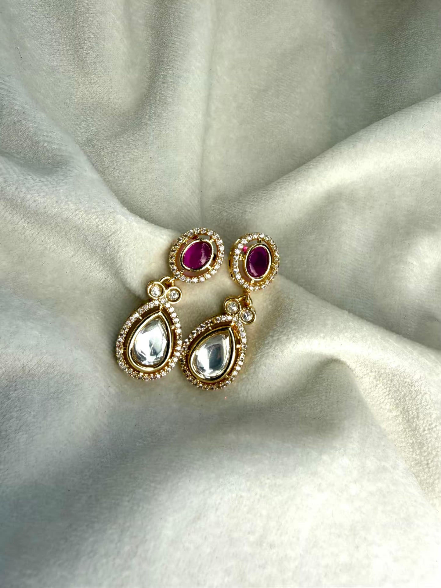 Ruby Pink Kundan Drop Gold Plated Earrings