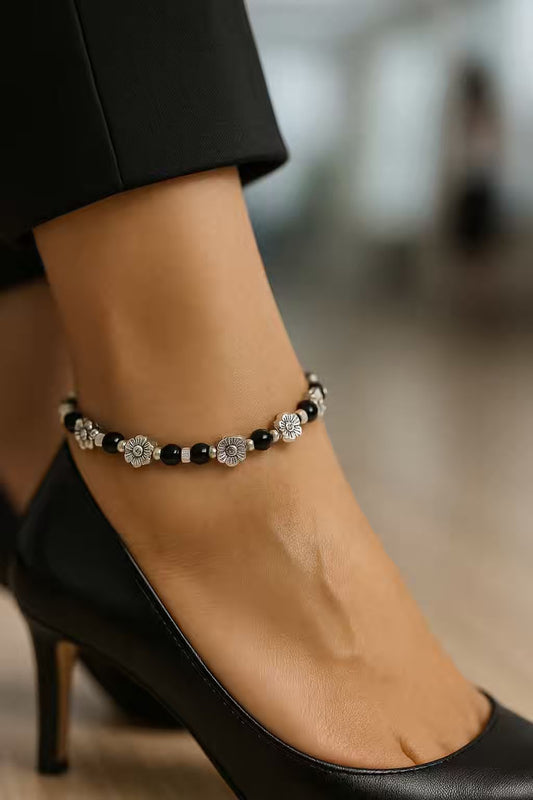 Silver Flower Premium Anklet Payal with Silver hooks