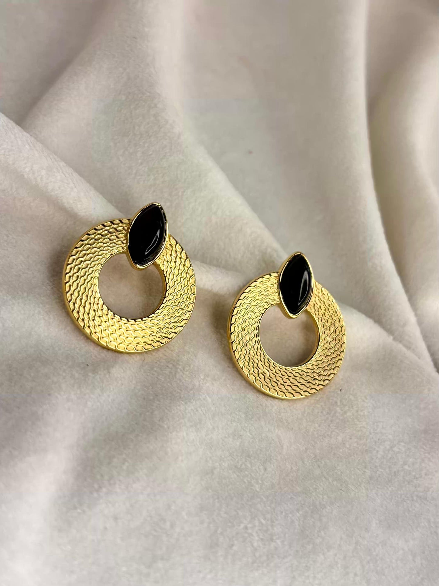 Onyx Stone Ear Studs 18K Gold Plated Premium Earrings