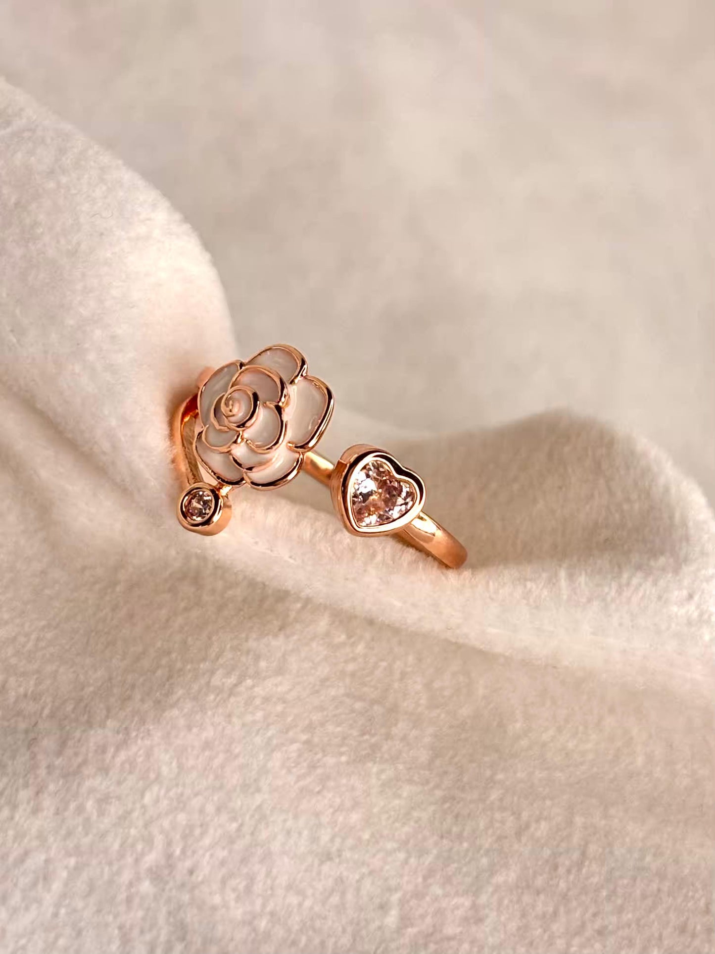 White Rose Triad Rose Gold Adjustable Ring
