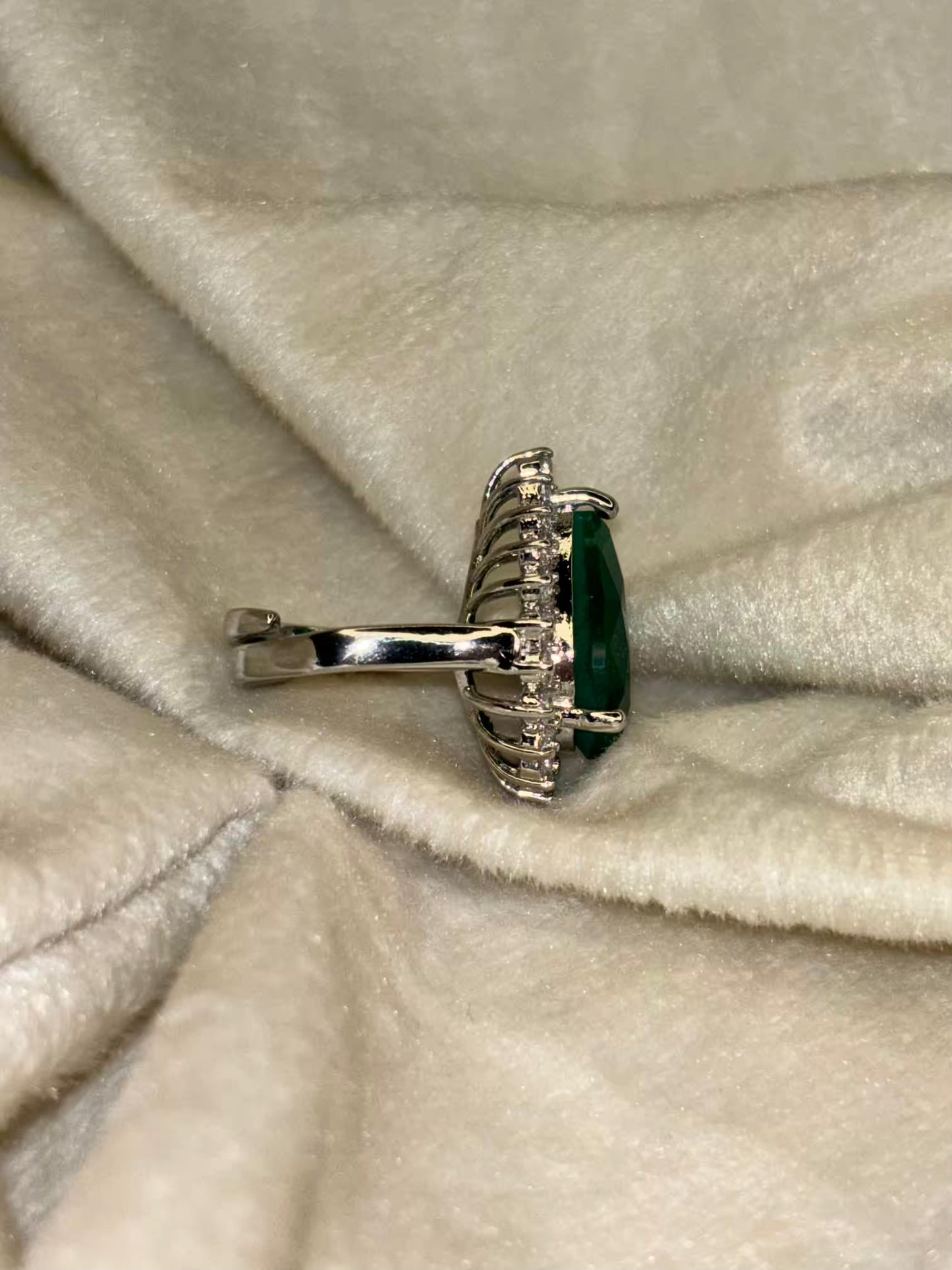 Emerald Oval Solitaire Studded Silver Plated Premium Ring