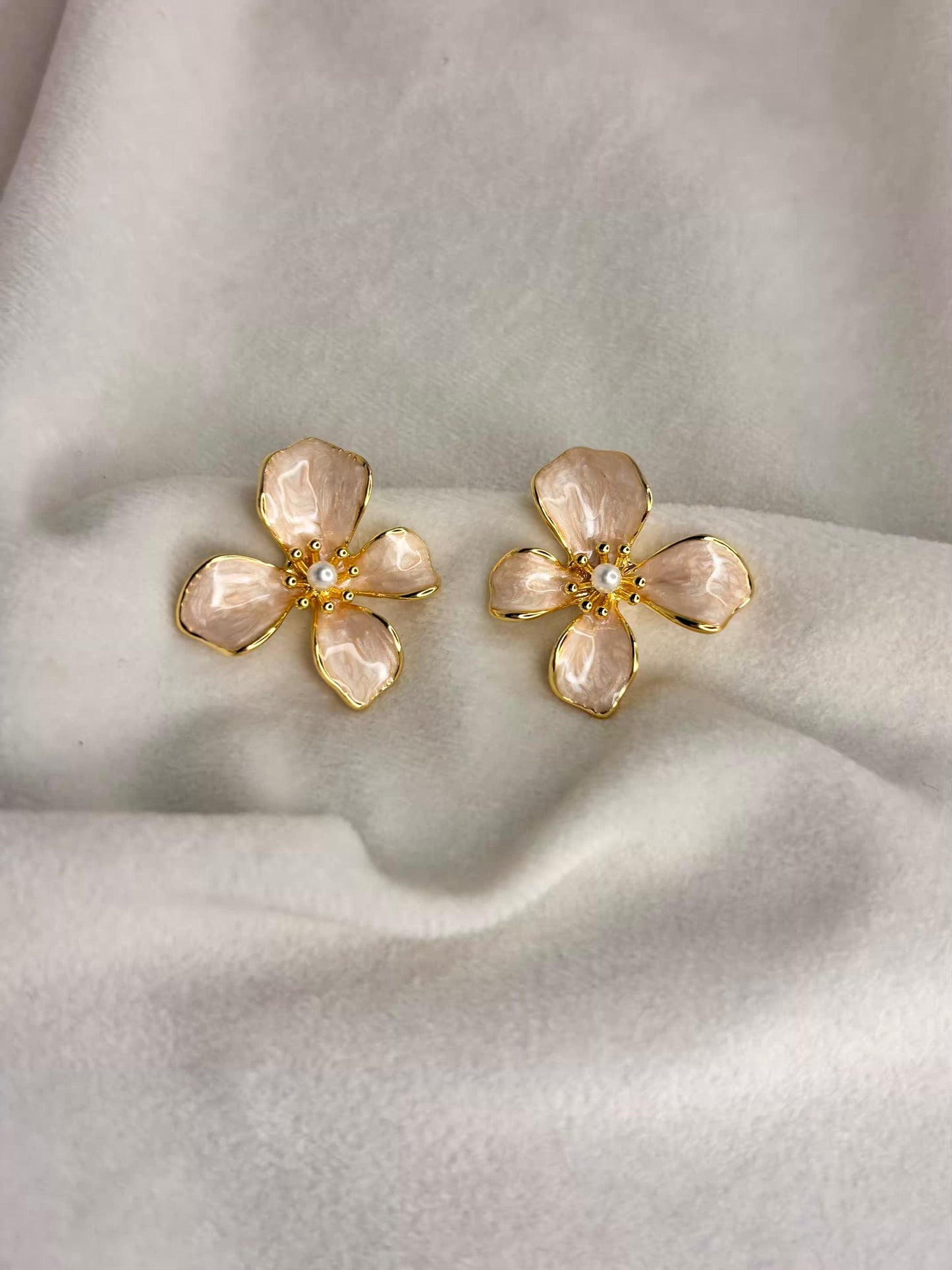 Beige Flower Earrings 18K Gold Plated Premium Earrings