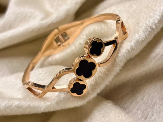 For Thin Wrist Triple Black Clover 18K Gold plated Premium Bangle 2.2 - 2.4 Size