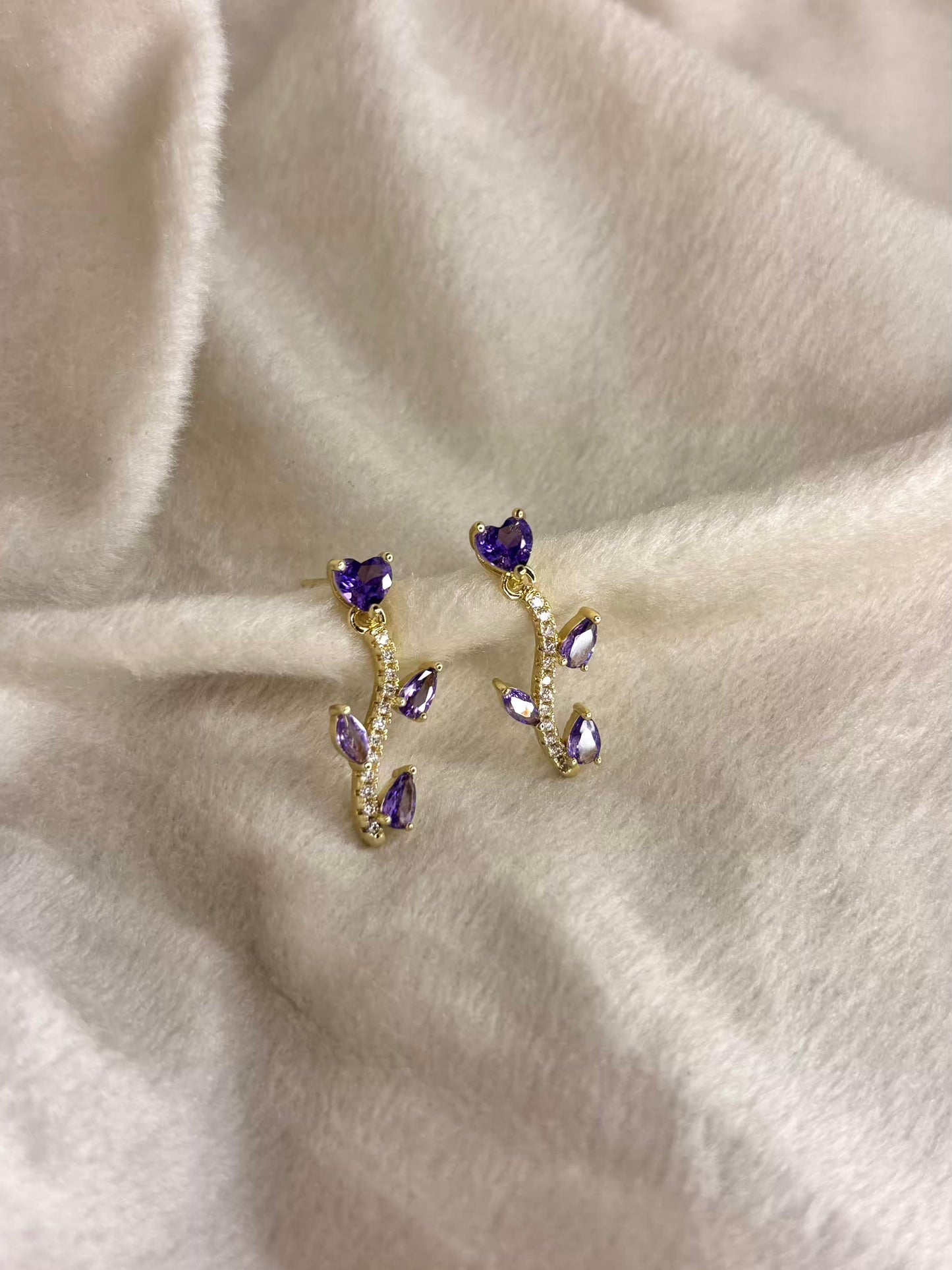 Purple Rose Stalk Earrings 18K Gold Plated Premium Earrings