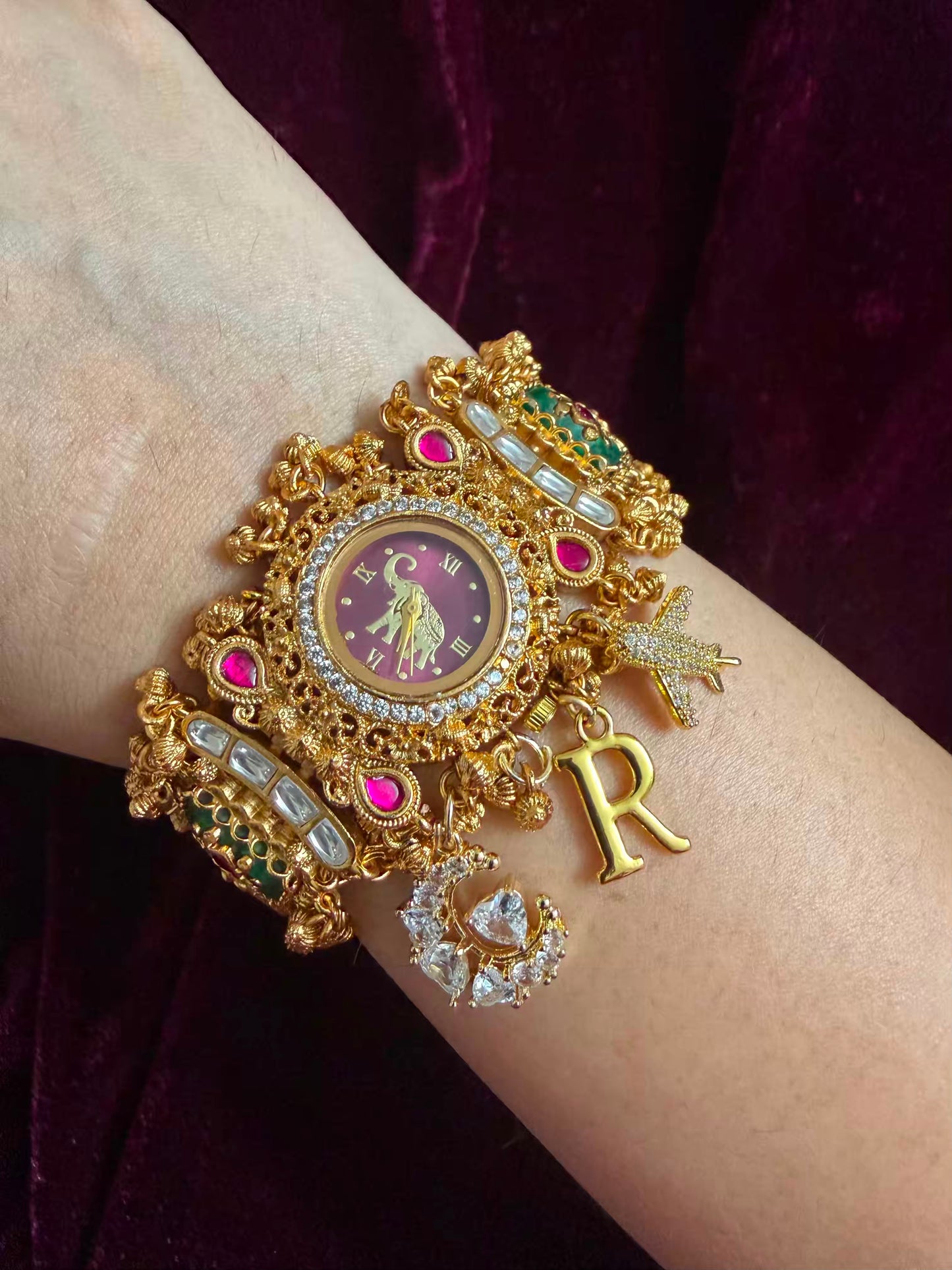 Moon Airplane Heritage Meenakari Watch Rakhi in Premium Swarovski (Free Initial)