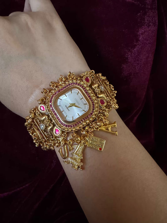 Ruby Charm Pink Stone Square Dial Maharani Watch Bracelet
