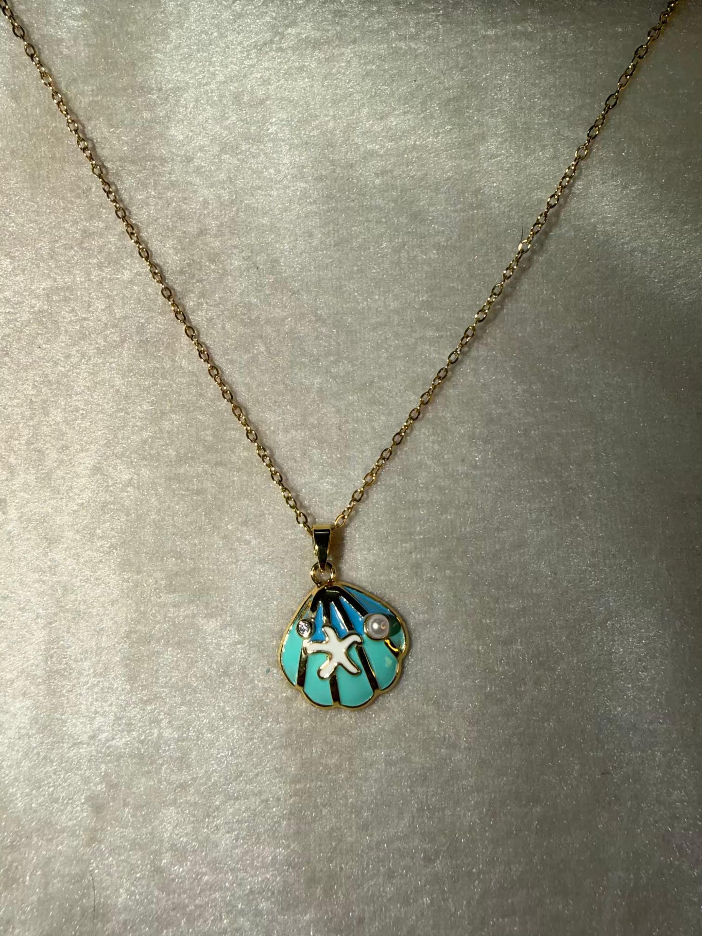 Turquoise Shell & Starfish Pearl Charm Chain Necklace Gold Plated Premium Necklace