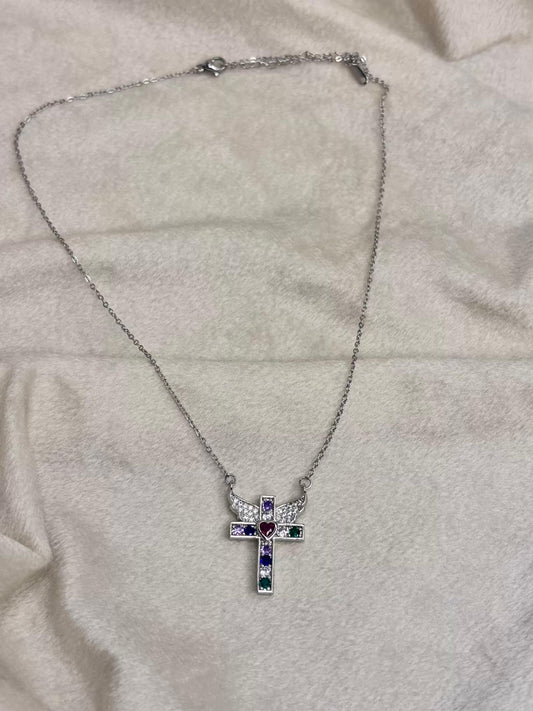 Silver Cross Gemstone Necklace Silver Plated Premium Necklace