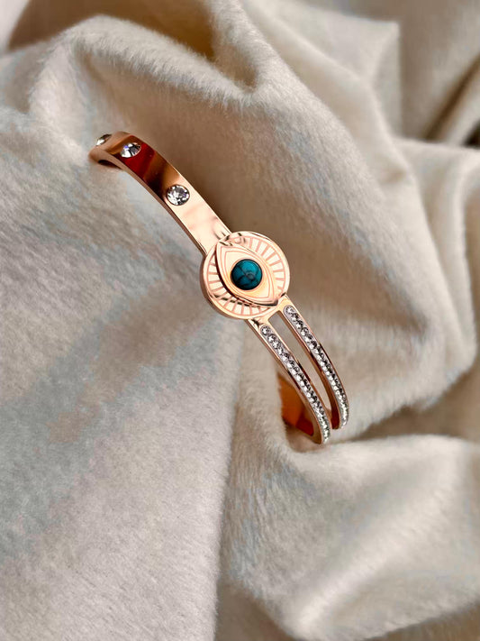 For Thin Wrist Turquoise Eye Bangle 18K Gold plated Premium Bangle 2.2 - 2.4 Size