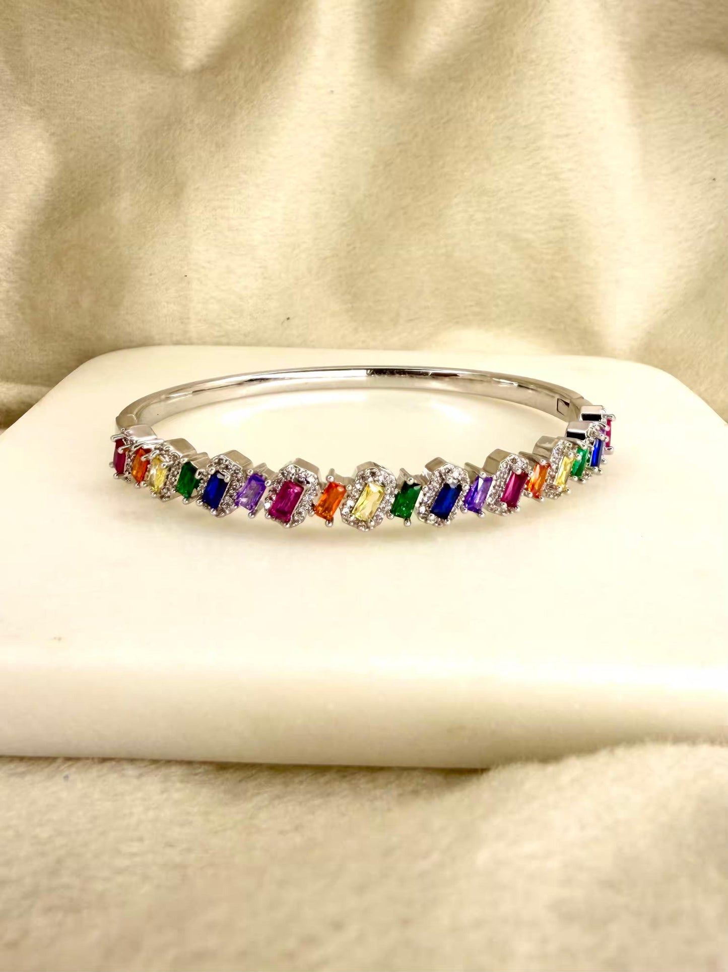 Multicolour Diamonds Silver Plated Bangle Bracelet
