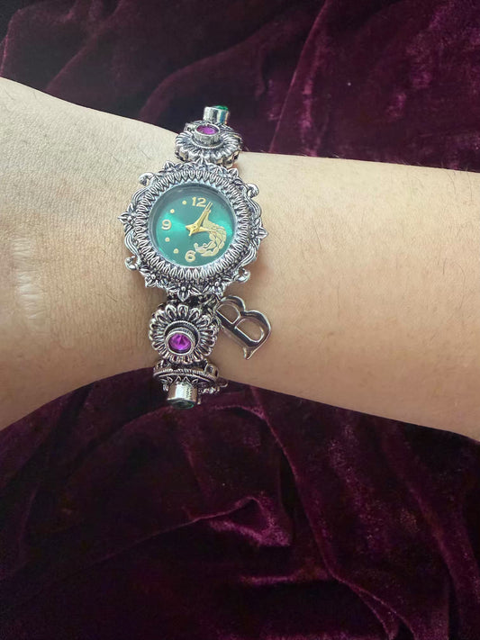 Maharani Green & Pink Elegance Silver-Tone Navratri Oxidised Heritage Watch