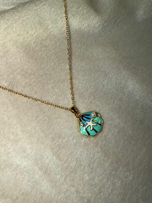 Turquoise Shell & Starfish Pearl Charm Chain Necklace Gold Plated Premium Necklace