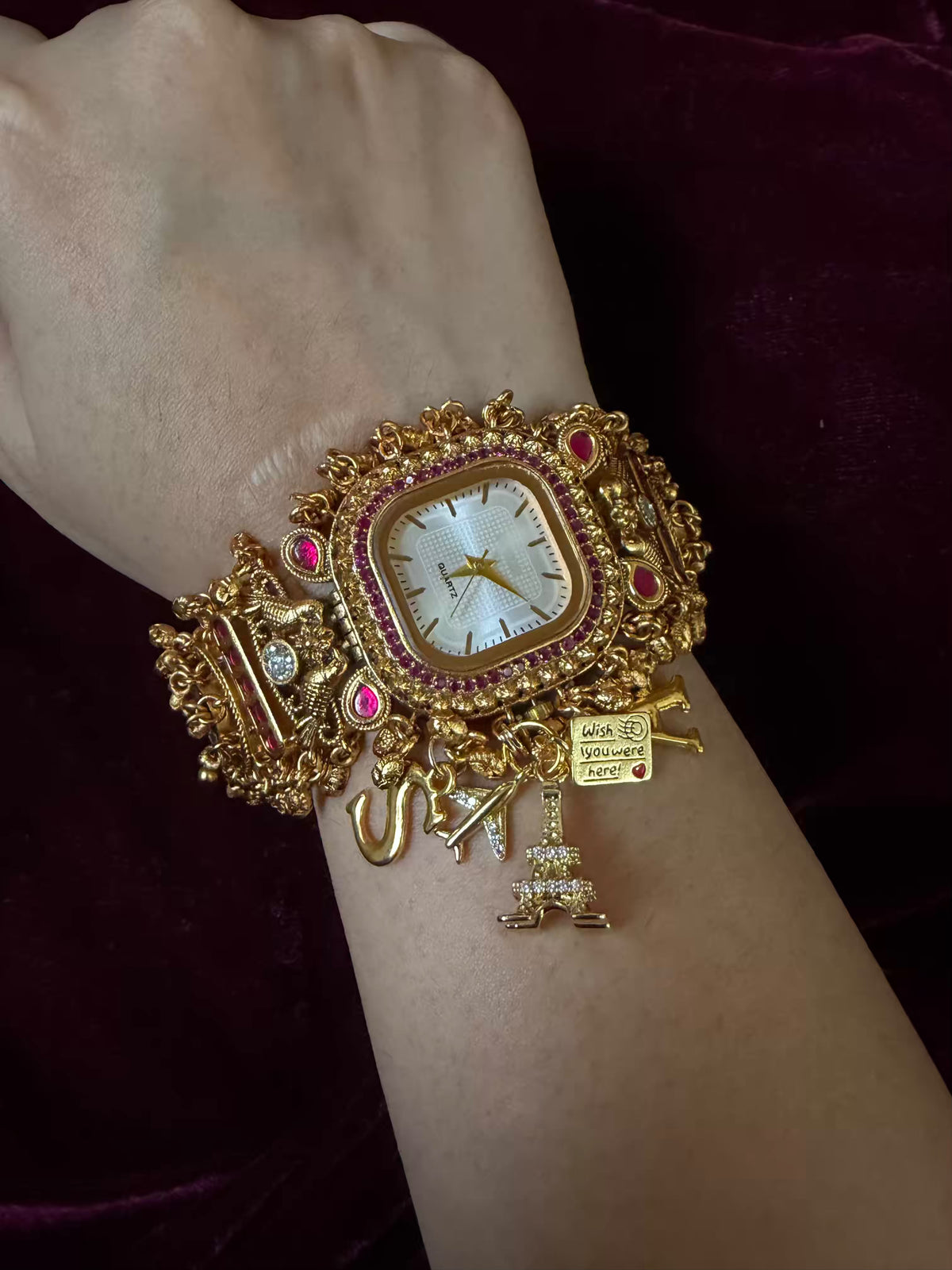 Ruby Charm Pink Stone Square Dial Maharani Watch Bracelet