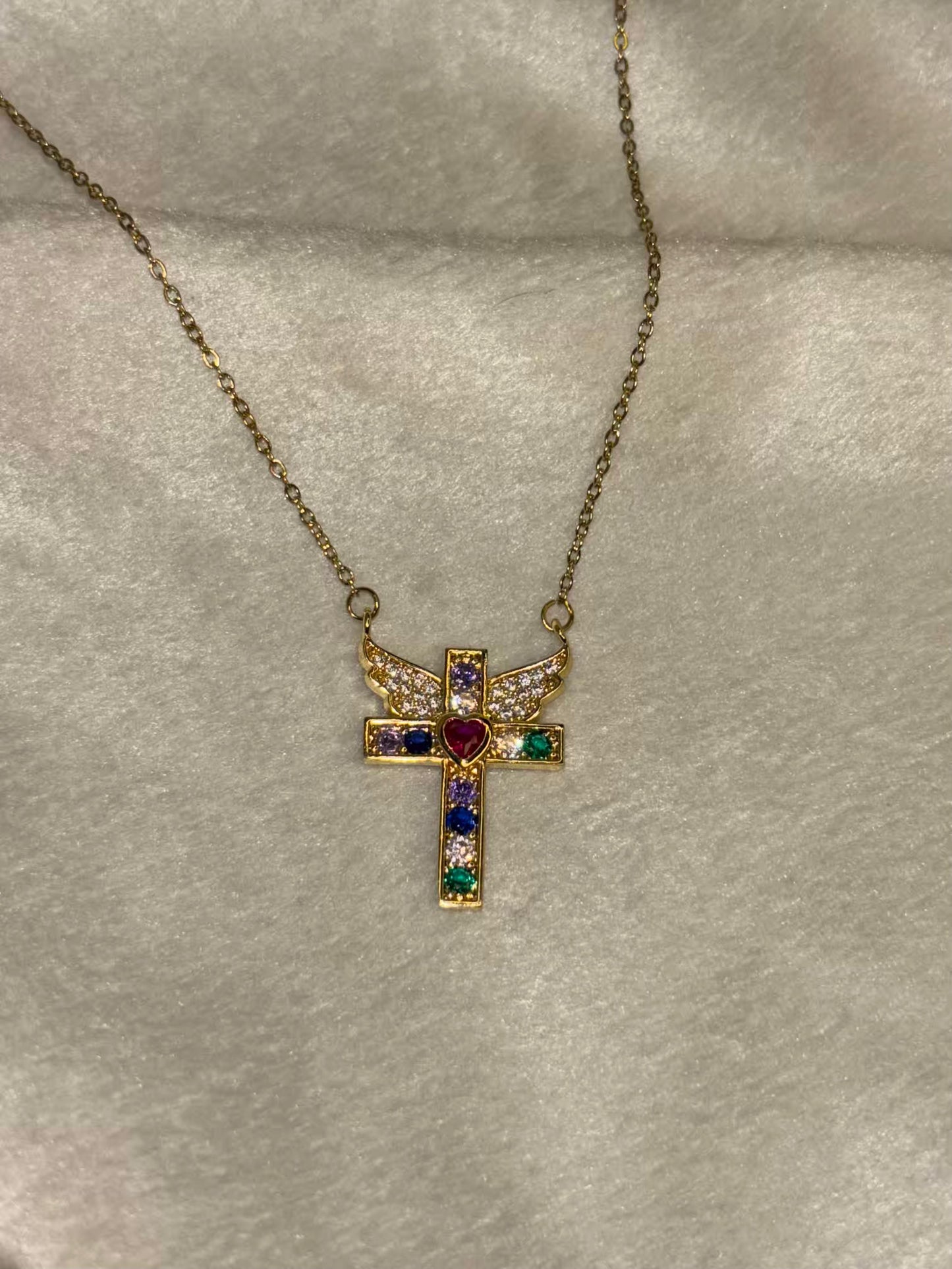 Golden Cross Gemstone Necklace 18K Gold Plated Premium Necklace