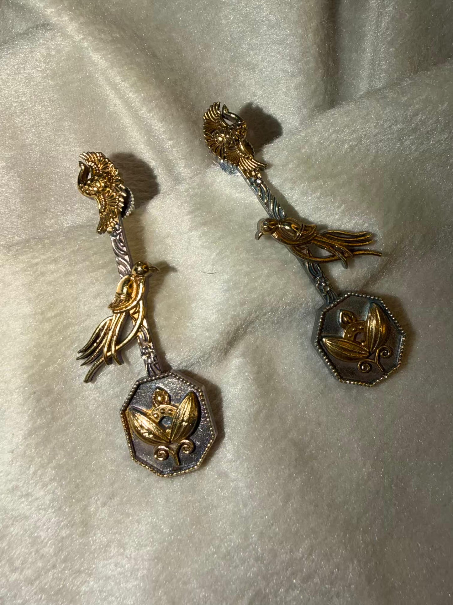 Gold & Silver Bird Motif Statement Gold Plated Earrings