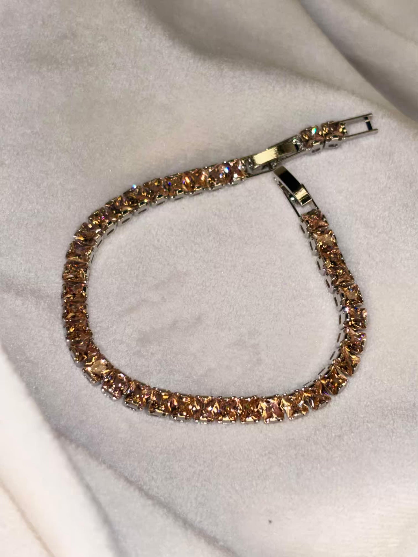 Brown Glitter Square Silver Plated Tennis Bracelet