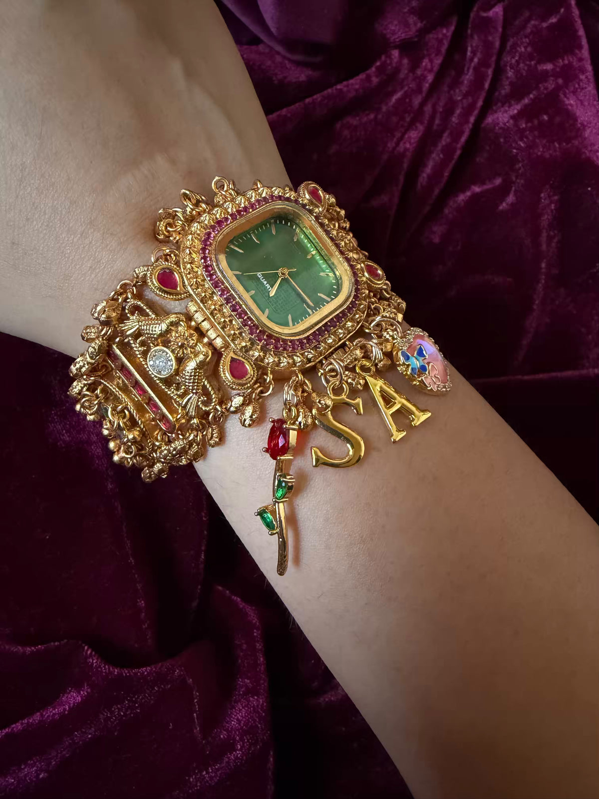Emerald Green Square Dial Ruby Halo Floral Charm Maharani Watch Bracelet