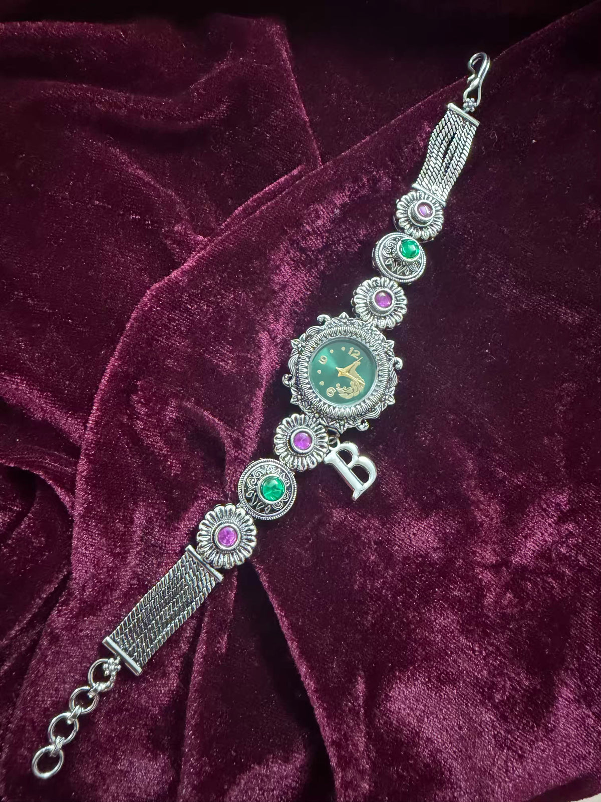 Maharani Green & Pink Elegance Silver-Tone Navratri Oxidised Heritage Watch