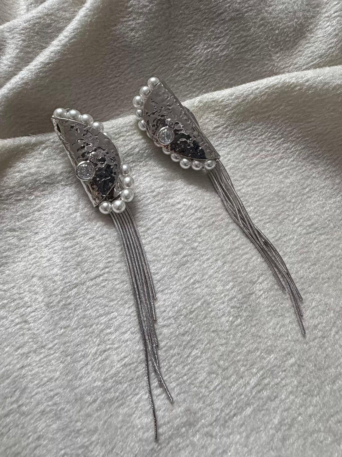 Silver Pearl Tassel Statement Silver Plated Earrings