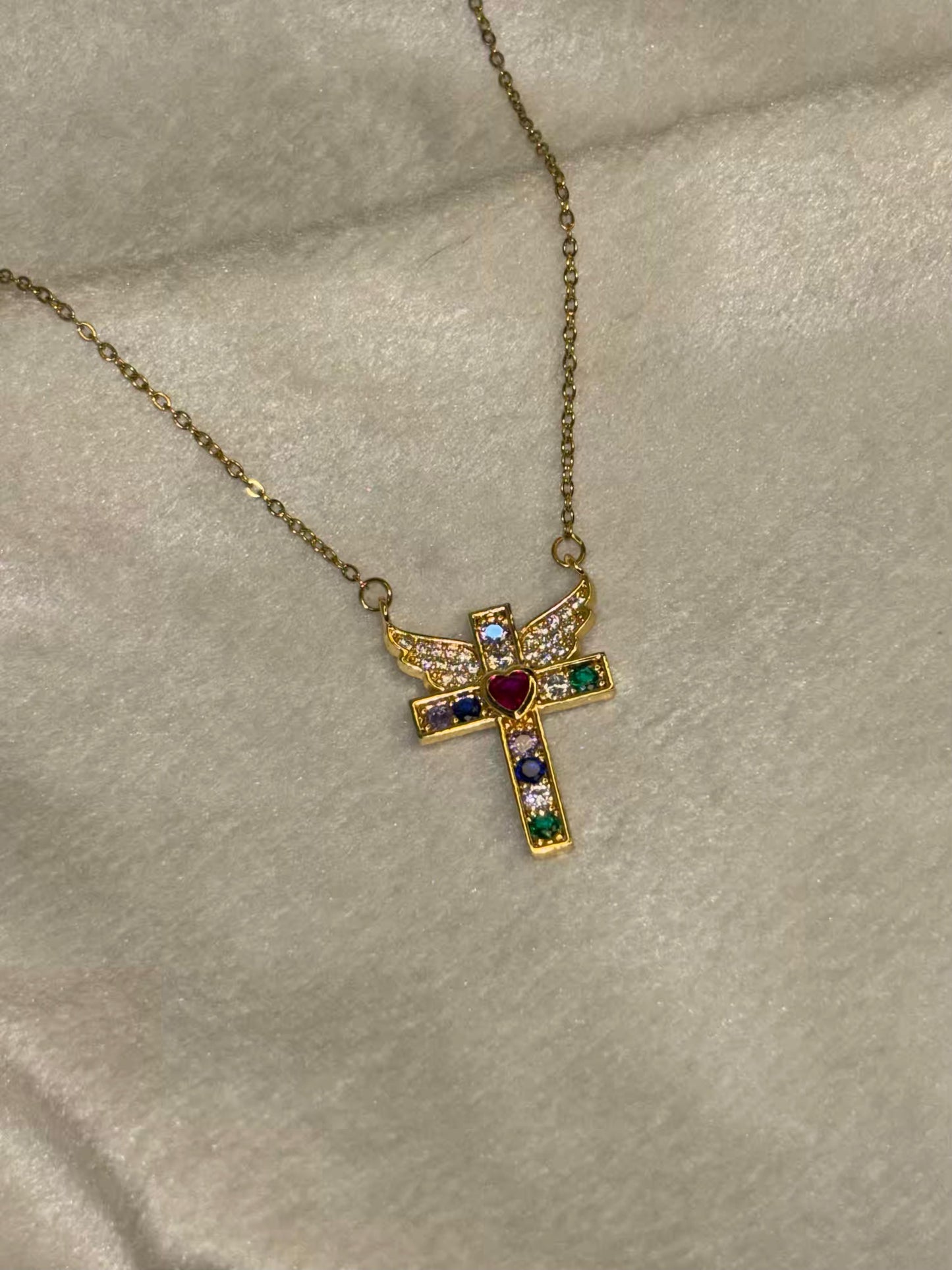 Golden Cross Gemstone Necklace 18K Gold Plated Premium Necklace
