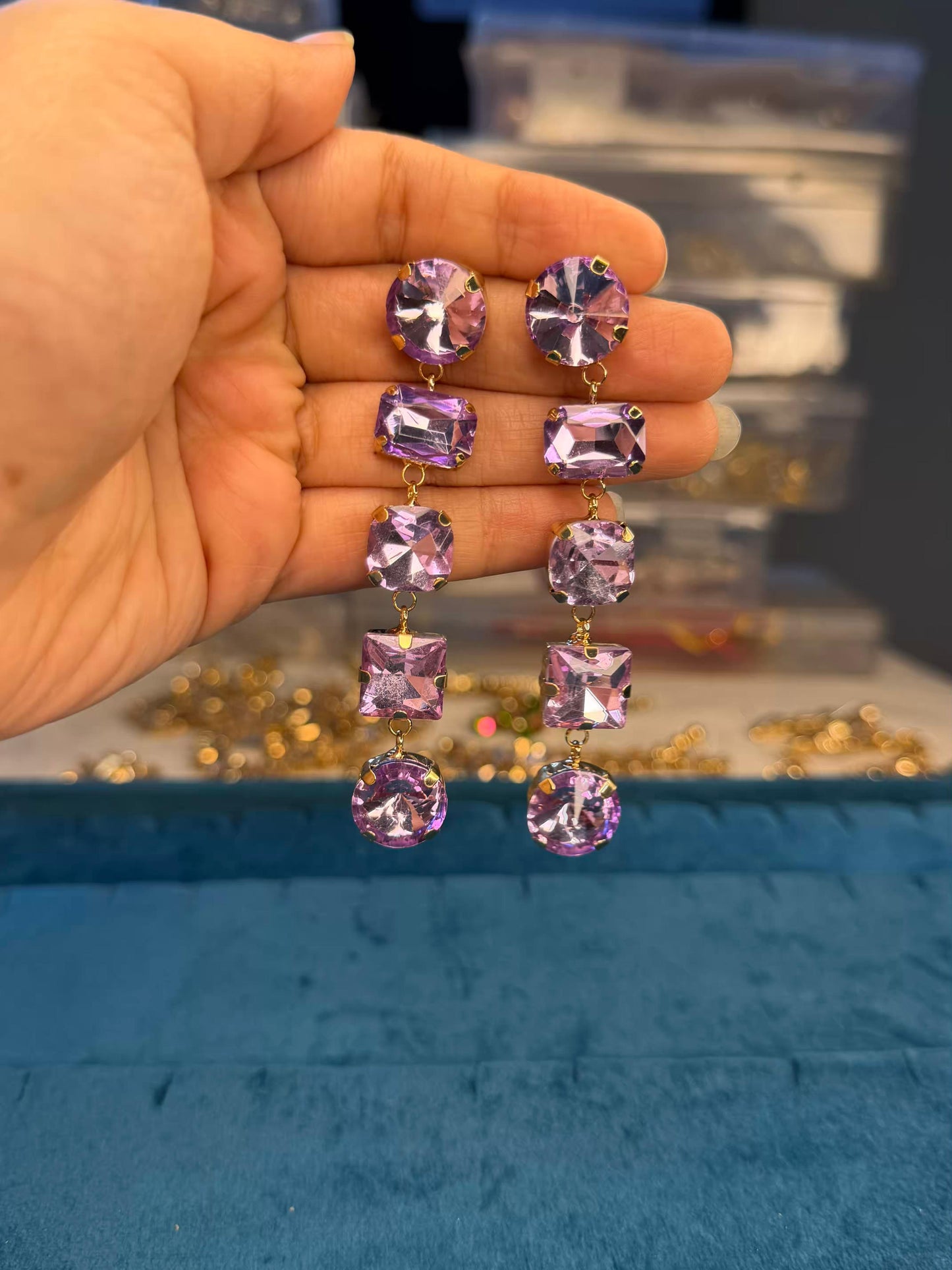 Purple Colour Diamond Long Gold Plated Earrings