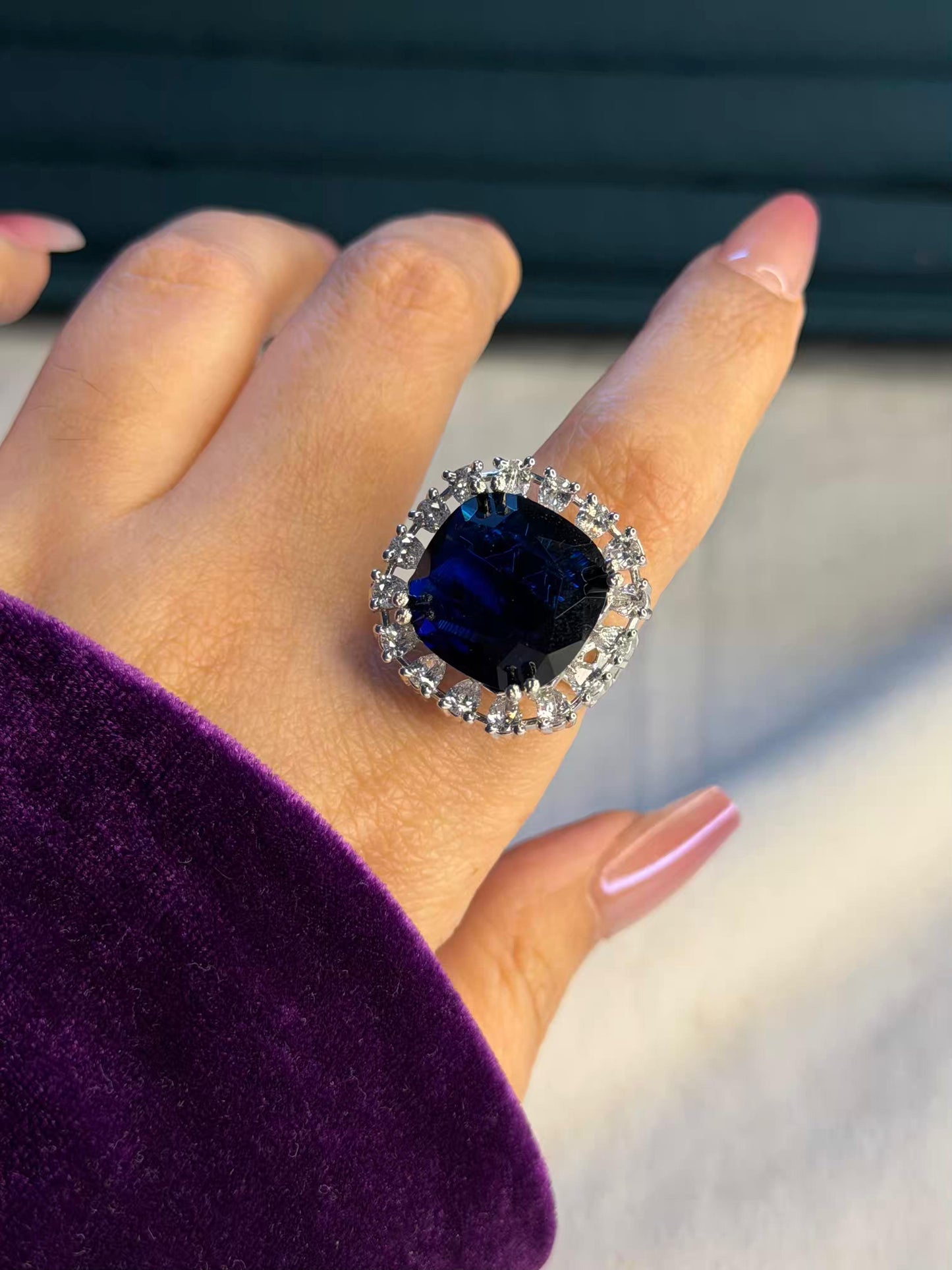 Royale Blue Statement Silver Plated Premium Ring (Adjustable)