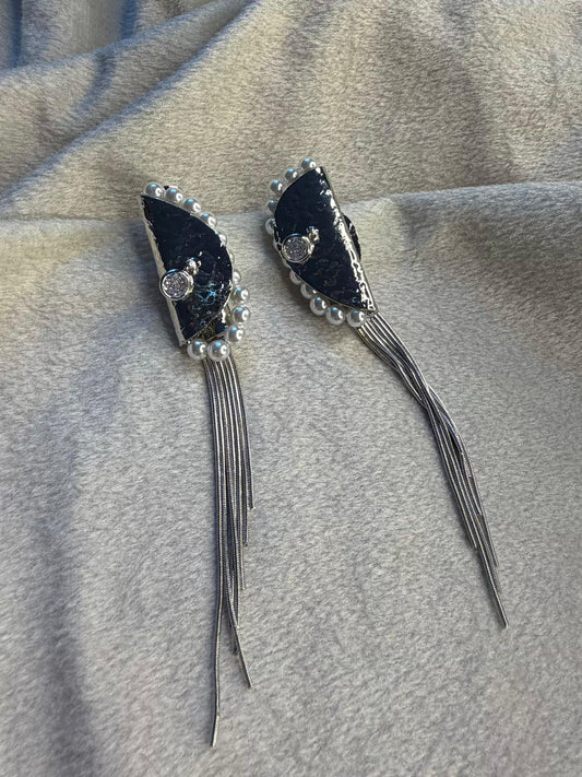 Silver Pearl Tassel Statement Silver Plated Earrings