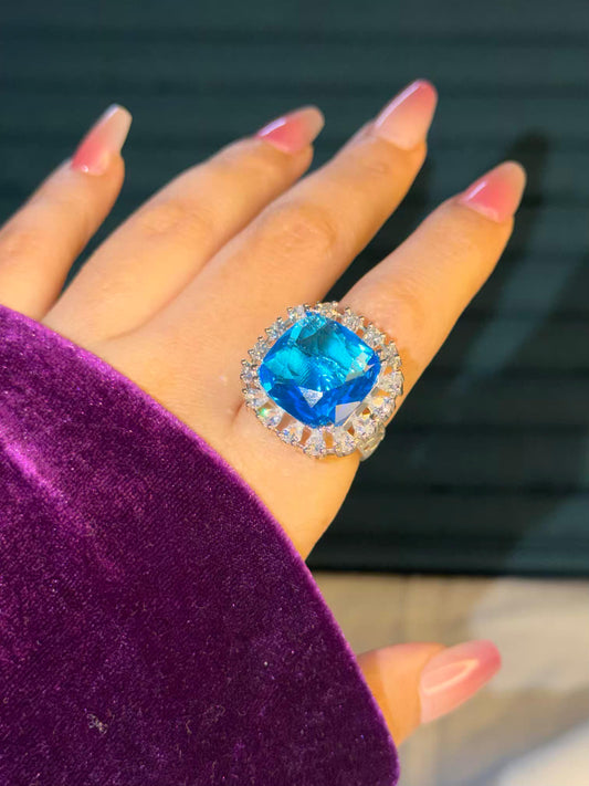 Aqua Blue Square Statement Silver Plated Premium Ring (Adjustable)