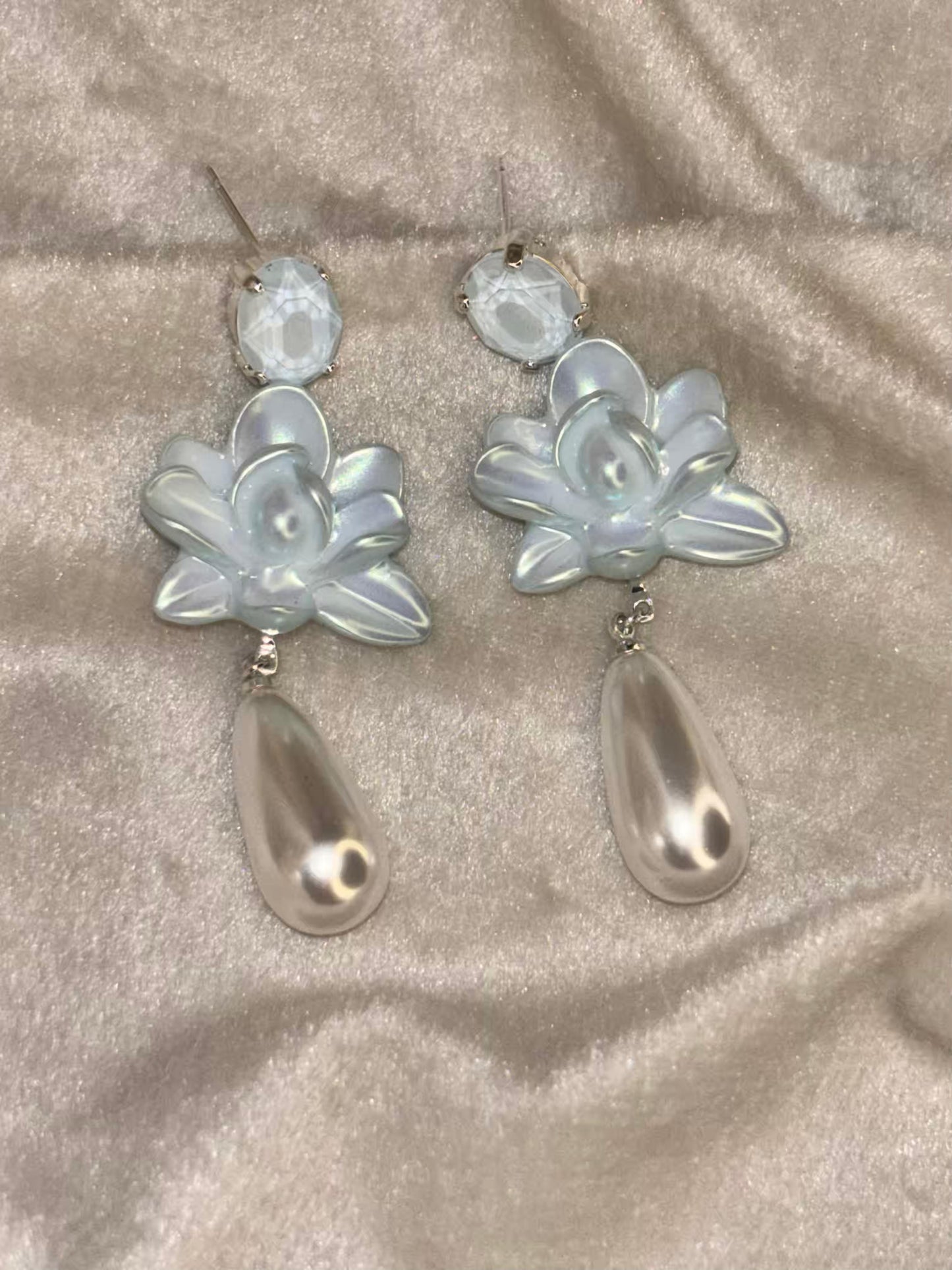 Floral Blue Pearl Dangle Earrings Silver Plated Earrings Premium Earrings