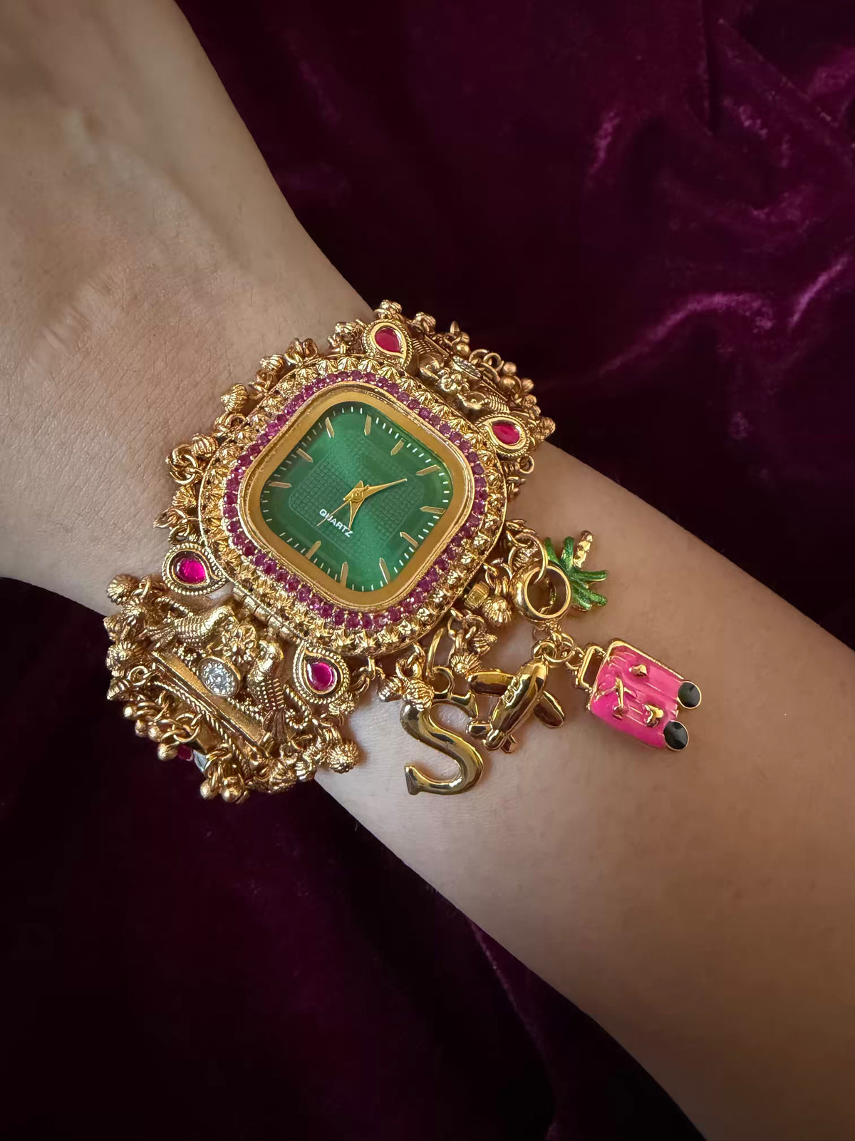 Emerald Royale Pineapple Charm Dial Maharani Watch Bracelet – Gold & Ruby Pink