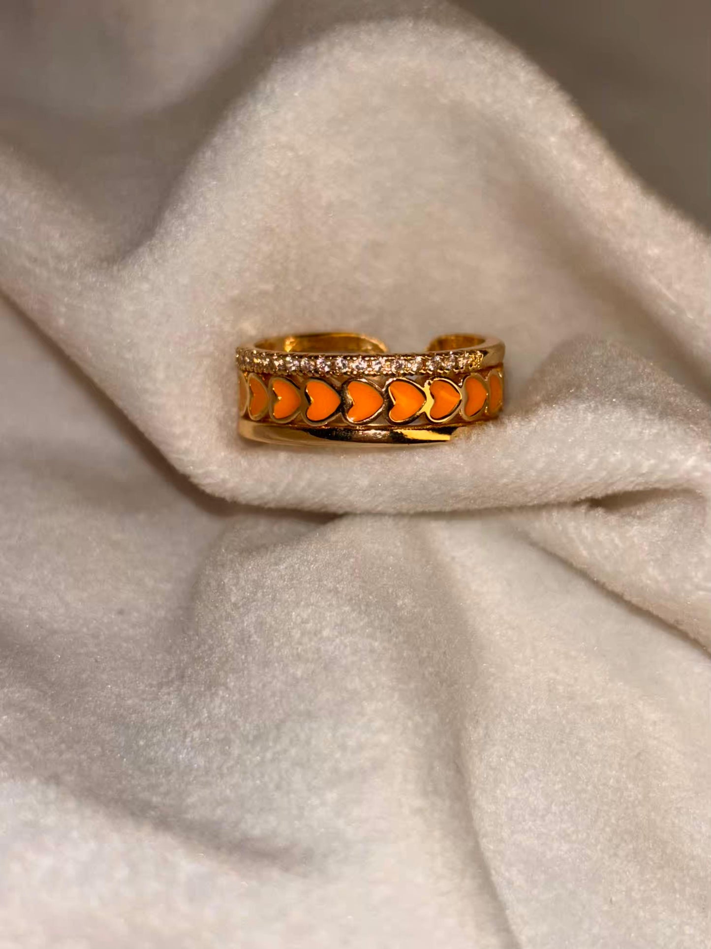 Stacked Orange Hearts Ring 18K Gold Plated Adjustable Ring