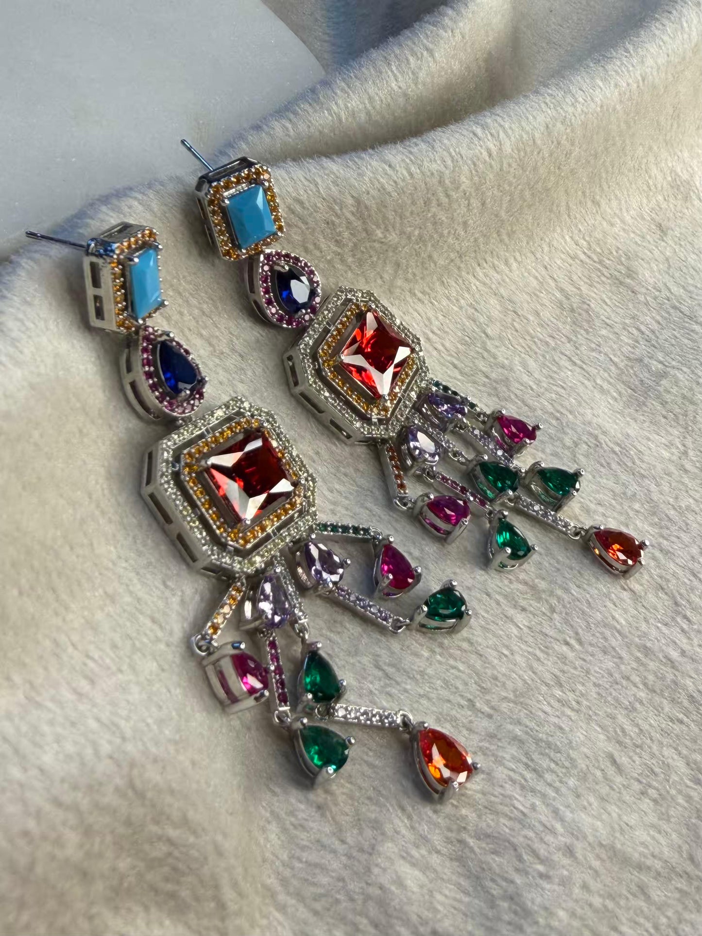 Royal Ruby & Multi-Gem Symphony Luxury Party Wedding Rhodium Silver Plating Earrings